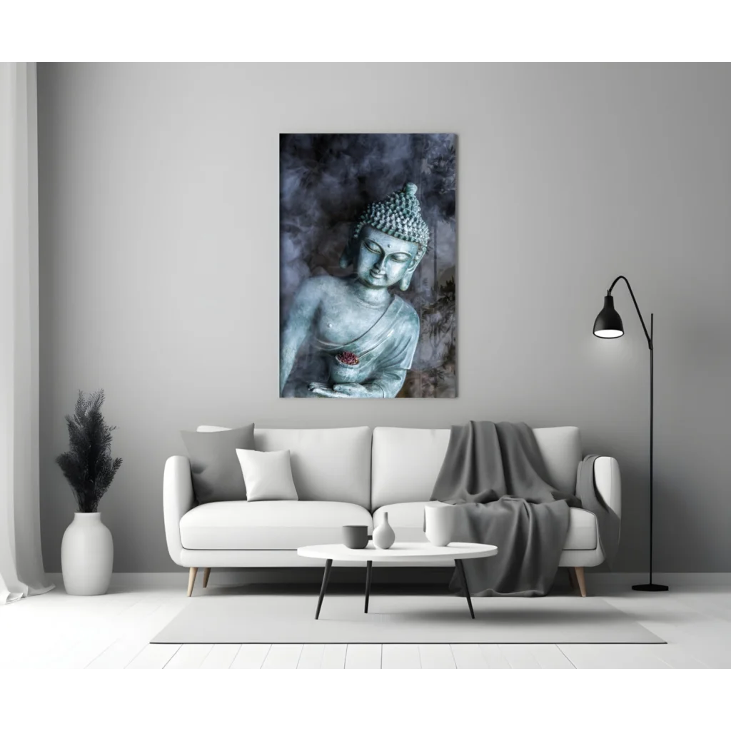 Serene gray-toned Buddha glass wall art with lotus details and red chest accent