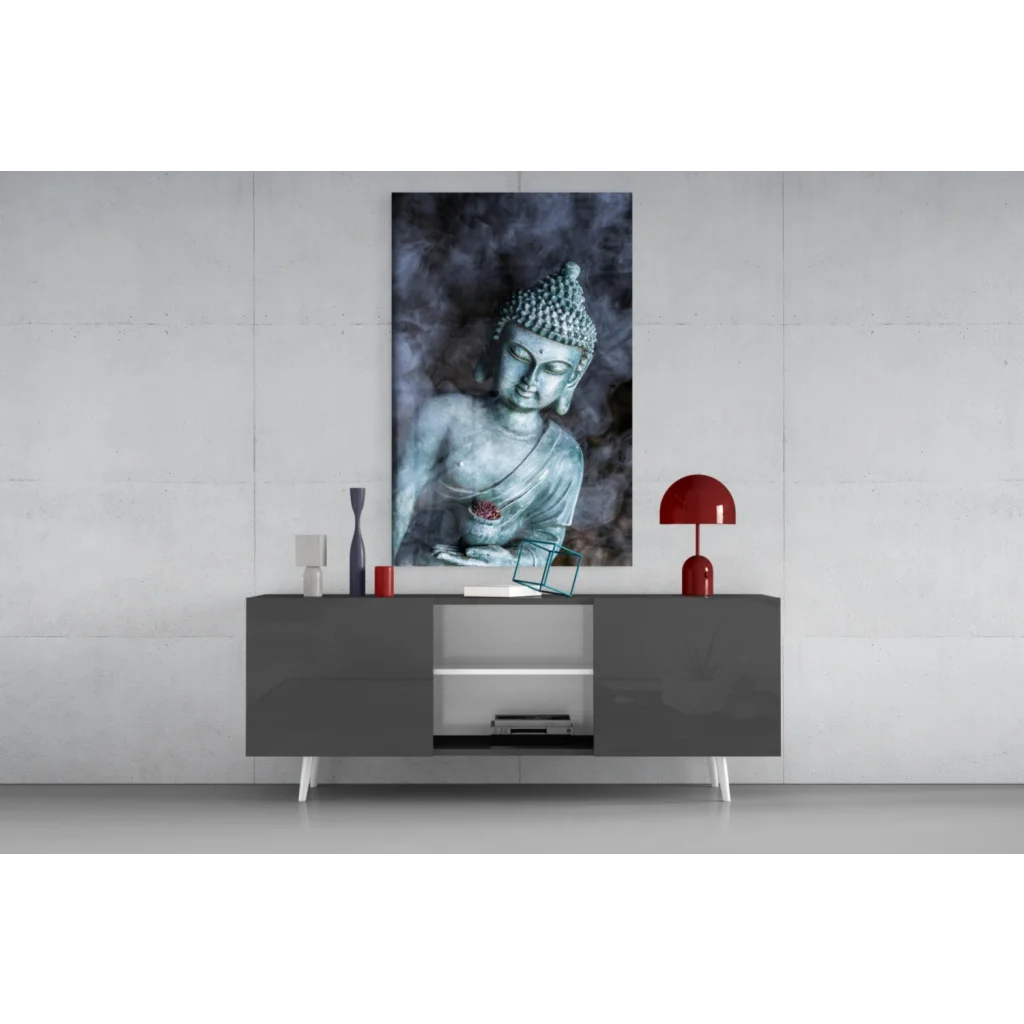 Serene Buddha glass wall art with lotus details and red accents