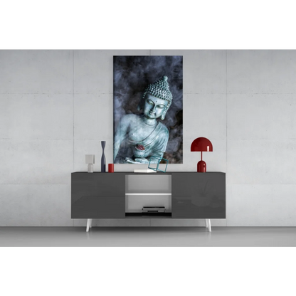 Serene Buddha glass wall art with lotus details and red accents