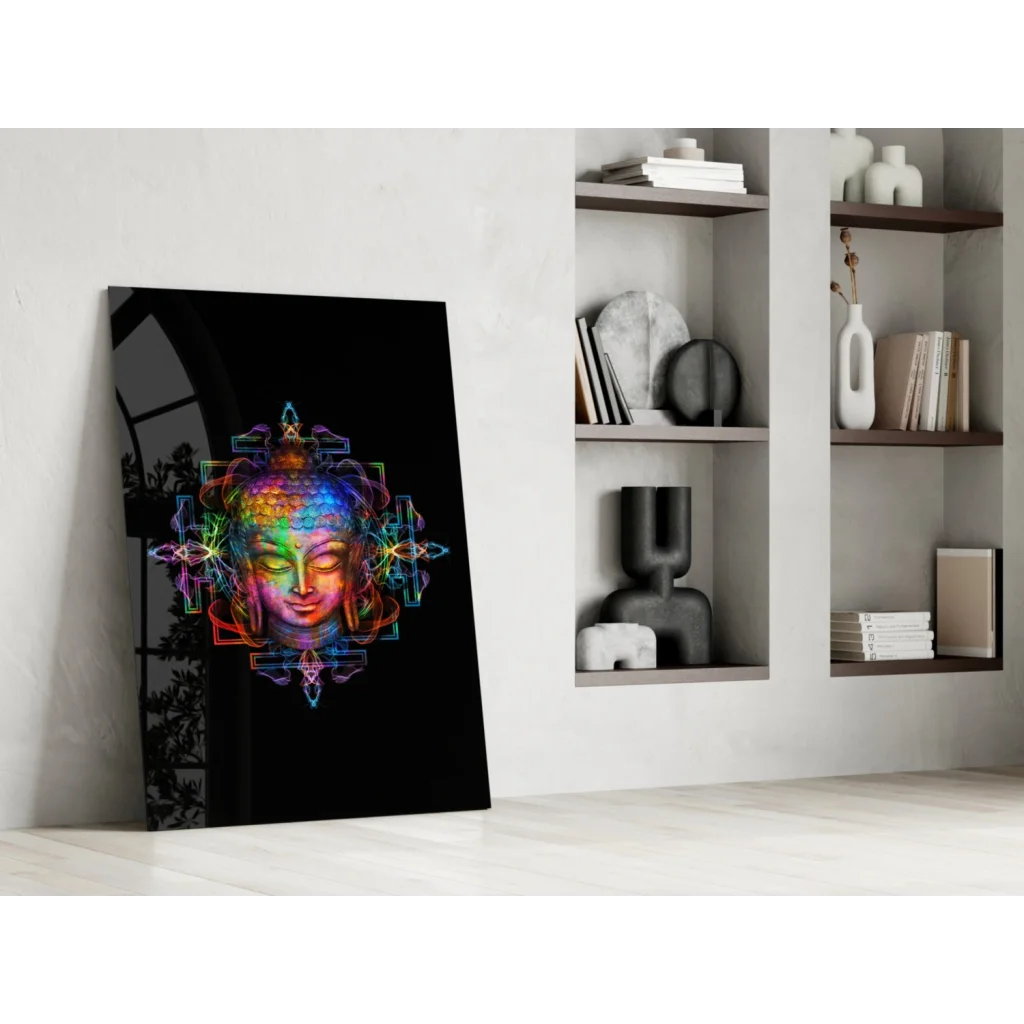 Vibrant rainbow Buddha glass wall art with geometric mandala design