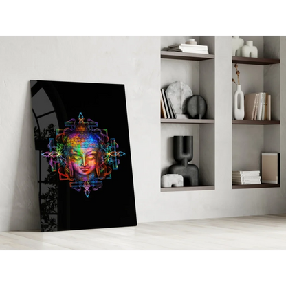 Vibrant rainbow Buddha glass wall art with geometric mandala design
