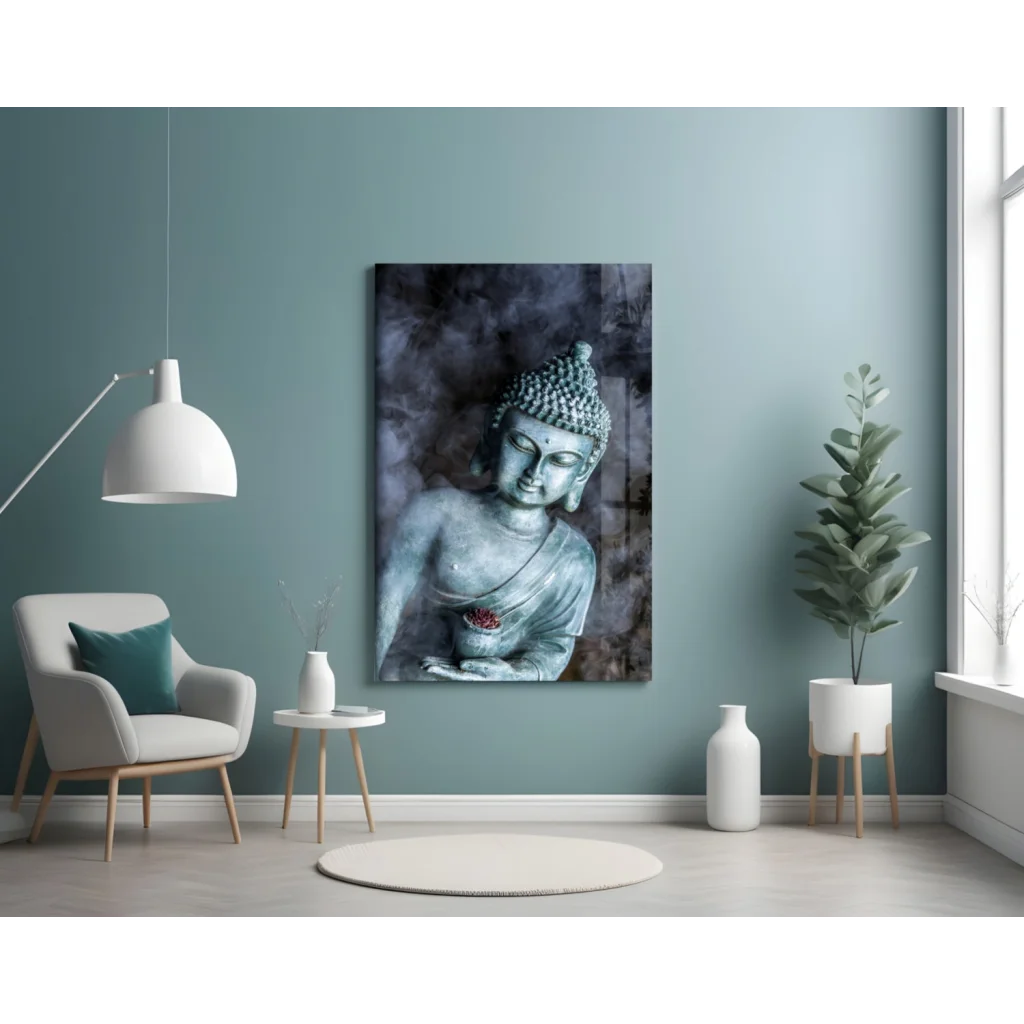 Serene Buddha glass wall art in grayscale with red lotus detail