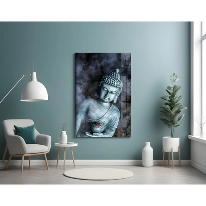 Serene Buddha glass wall art in grayscale with red lotus detail