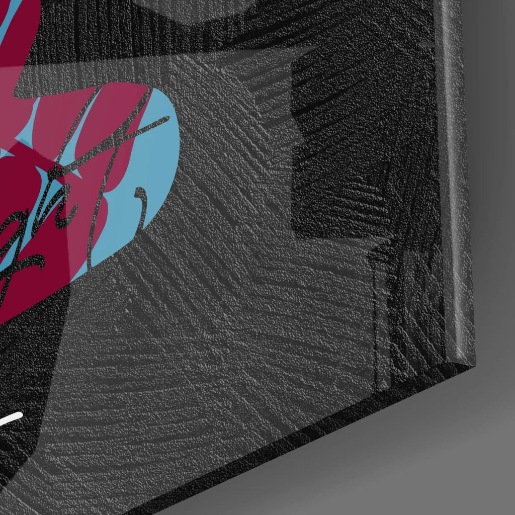 Vibrant Buddha tempered glass art with bold red and blue shapes on black