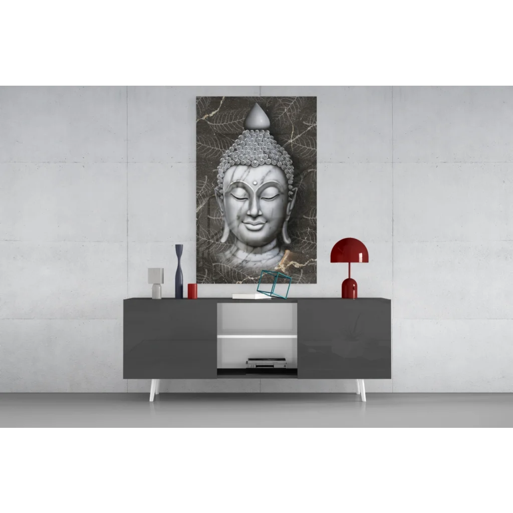 Stunning silver Buddha face glass wall art with leafy details