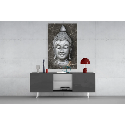 Stunning silver Buddha face glass wall art with leafy details