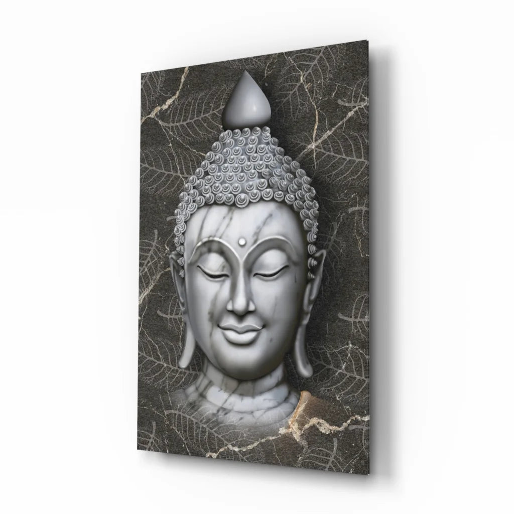 Stunning silver Buddha face wall art with leafy details and serene expression