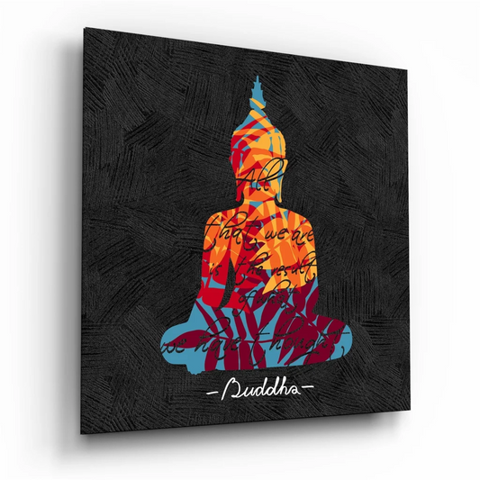 Vibrant Buddha tempered glass art with bold orange-red geometric silhouette on black