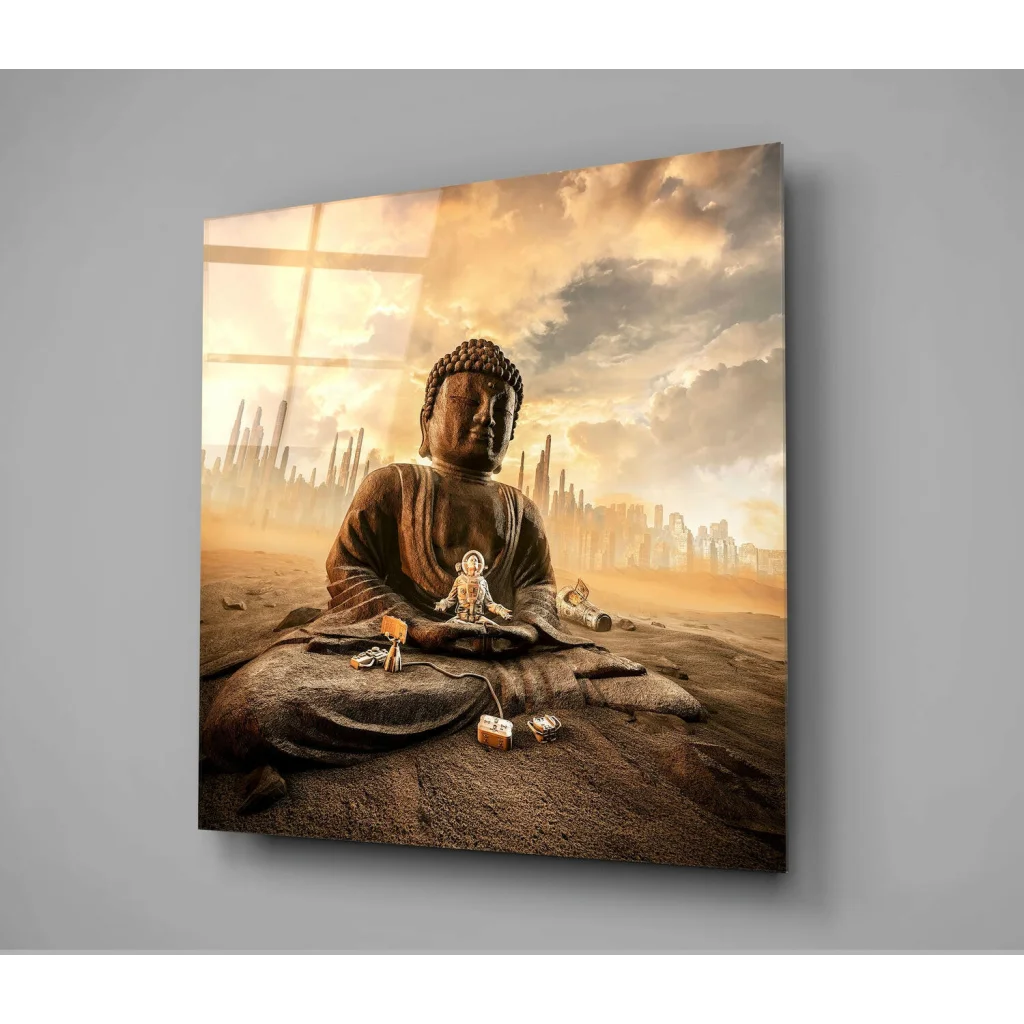 Bronze Buddha meditating in desert skyline glass wall art canvas print