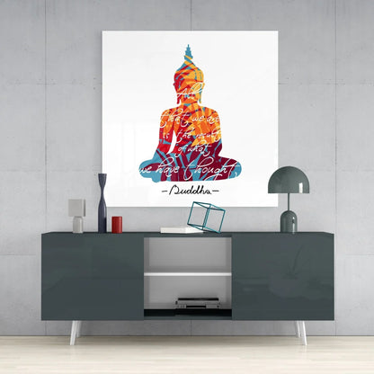Vibrant Buddha tempered glass art with colorful mosaic silhouette
