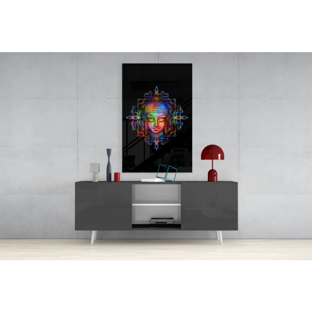 Vibrant rainbow Buddha glass wall art with geometric mandala design
