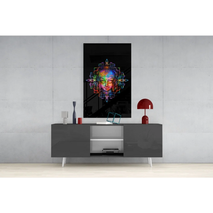 Vibrant rainbow Buddha glass wall art with geometric mandala design