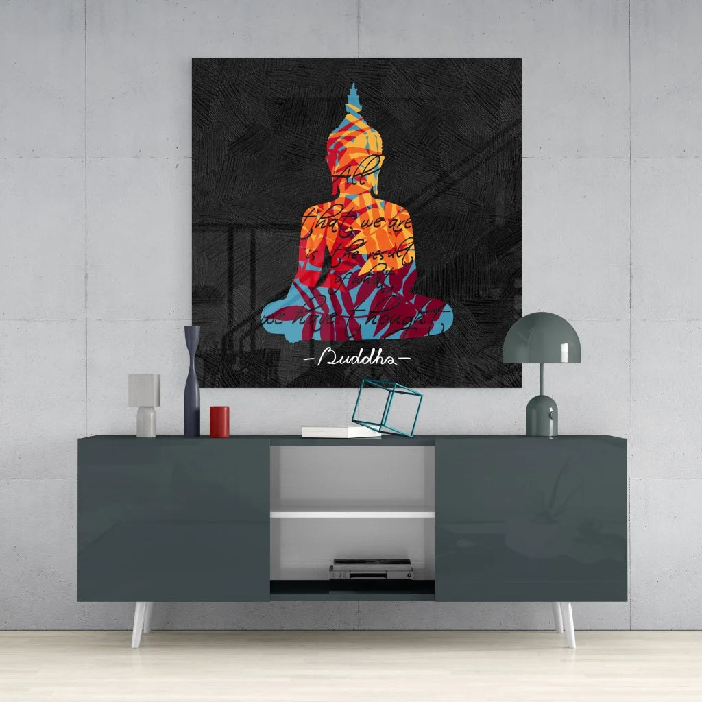 Vibrant Buddha tempered glass art with bold orange blue hues