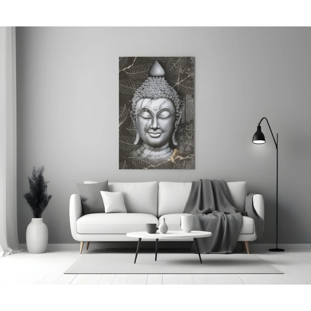 Serene black-and-white Buddha face glass wall art with leafy details