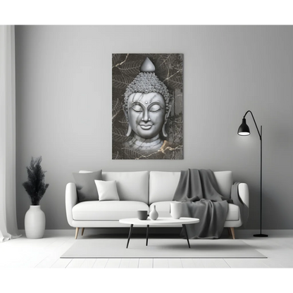 Serene black-and-white Buddha face glass wall art with leafy details