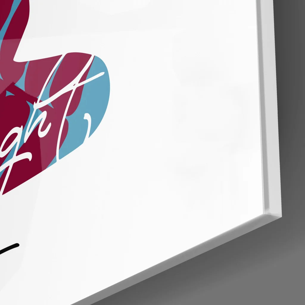 Vibrant Buddha tempered glass art with maroon teal shapes and quote