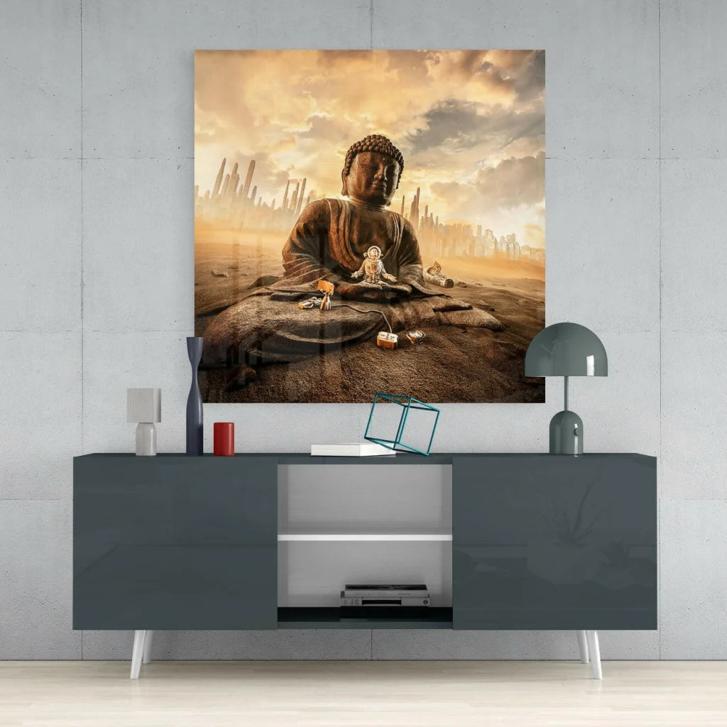 Bronze Buddha meditating on stone with cityscape in glass wall art print