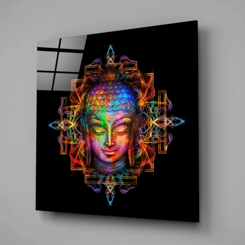 Vibrant Buddha Tempered Glass Art with Rainbow Glow | Glass Wall Art Print | vintageantiquesgifts.com