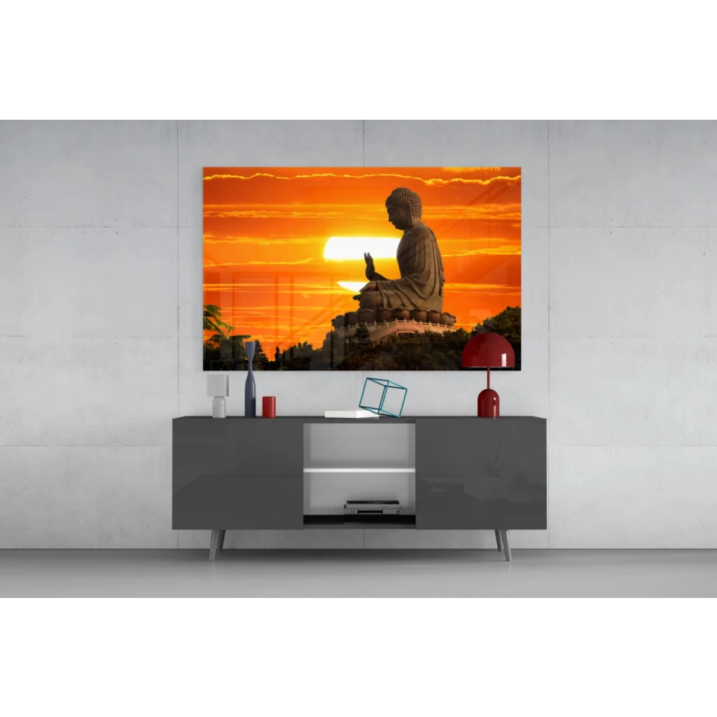 Serene Buddha silhouette in glass wall art print at orange sunset