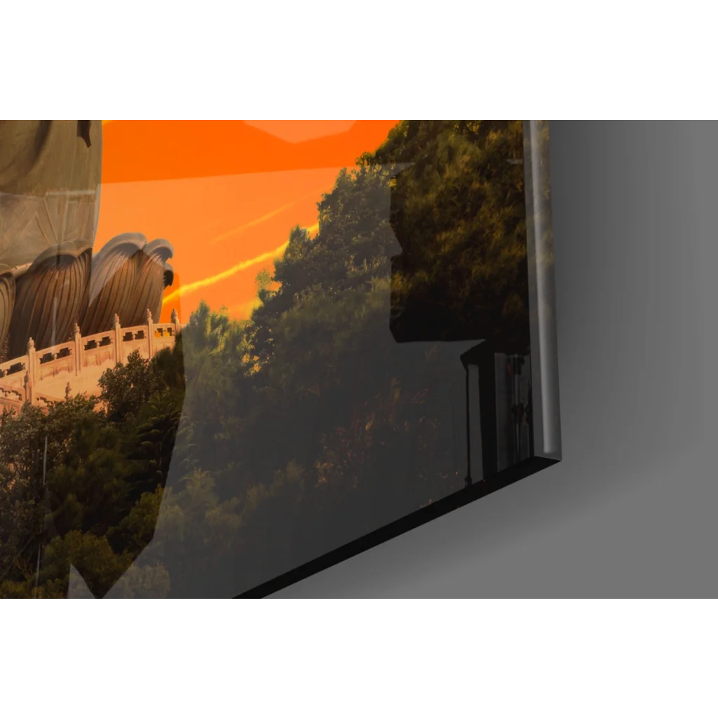Vibrant sunset on sleek TV in stunning glass wall art print