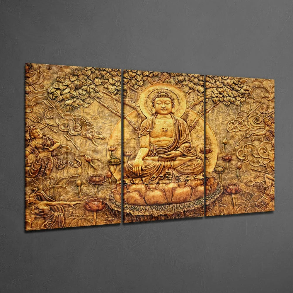 Stunning golden Buddha glass wall art triptych with lotus relief