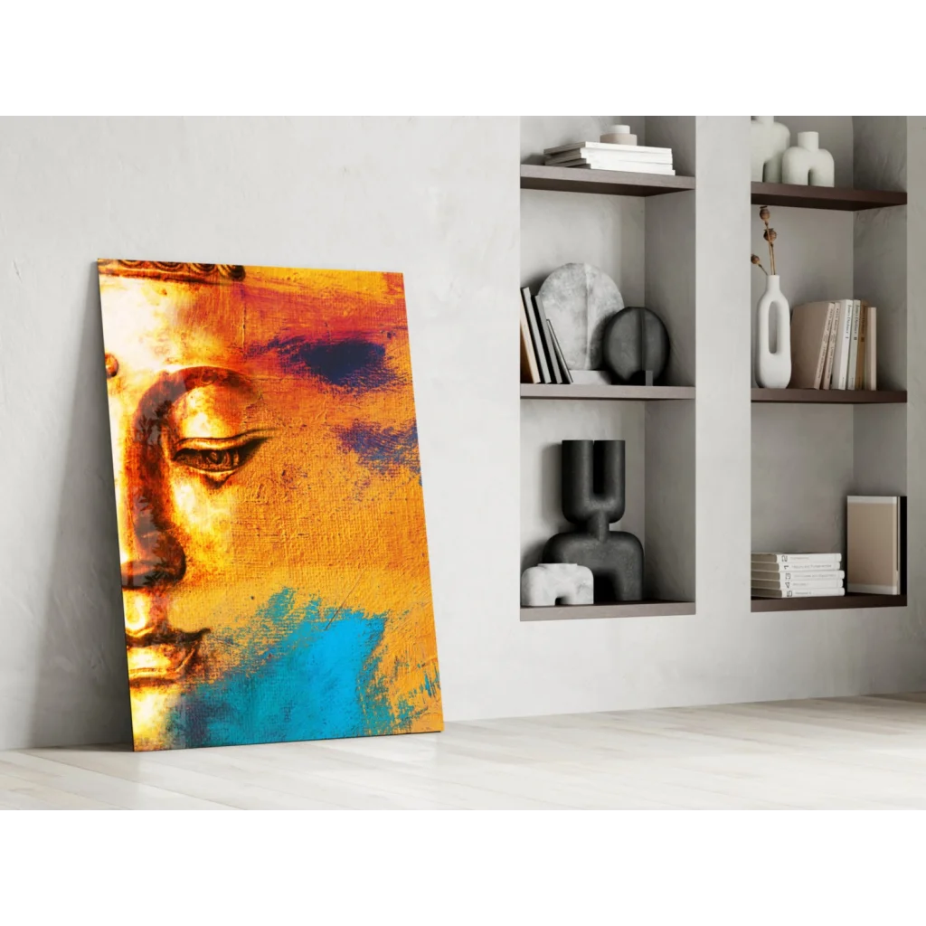 Vibrant golden Buddha canvas wall art with bold orange and blue abstract brushstrokes