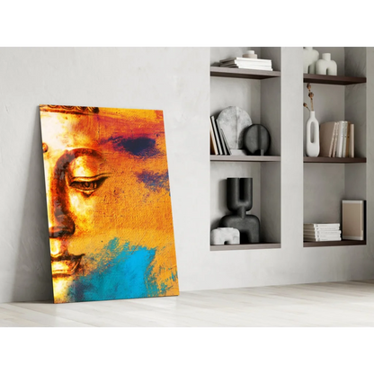 Vibrant golden Buddha canvas wall art with bold orange and blue abstract brushstrokes
