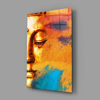 Stunning golden Buddha face canvas wall art with abstract orange blue brushstrokes