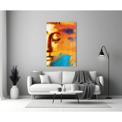 Vibrant abstract Buddha face wall art with golden orange blue brushstrokes