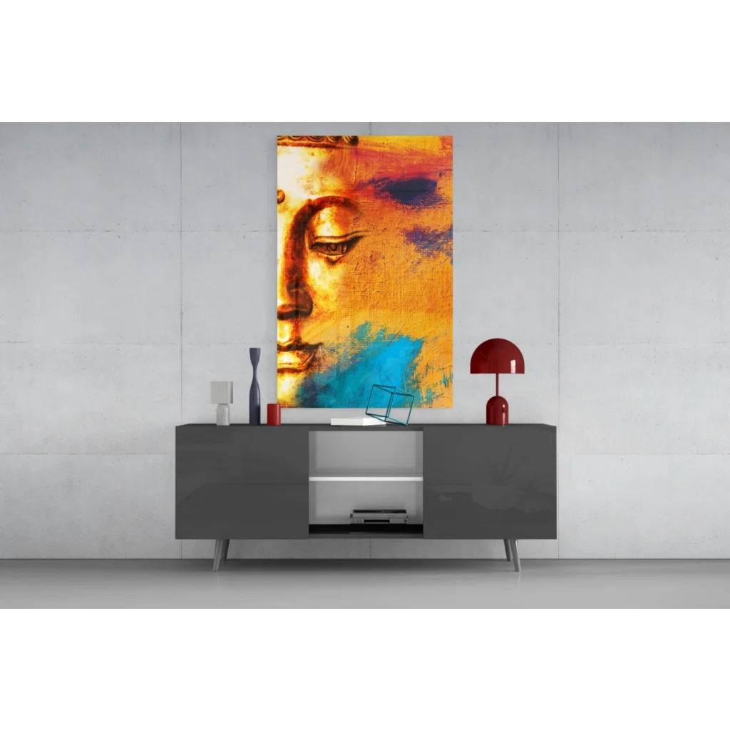 Vibrant abstract Buddha portrait canvas wall art in golden blue brushstrokes