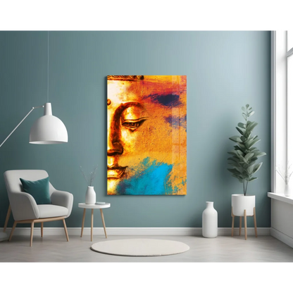 Vibrant abstract golden Buddha canvas wall art with orange blue brushstrokes