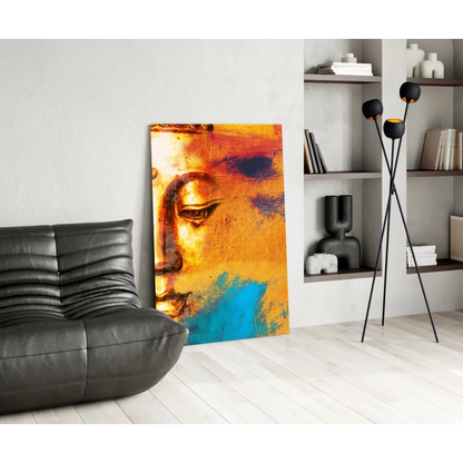 Vibrant golden Buddha abstract wall art canvas with orange blue brushstrokes