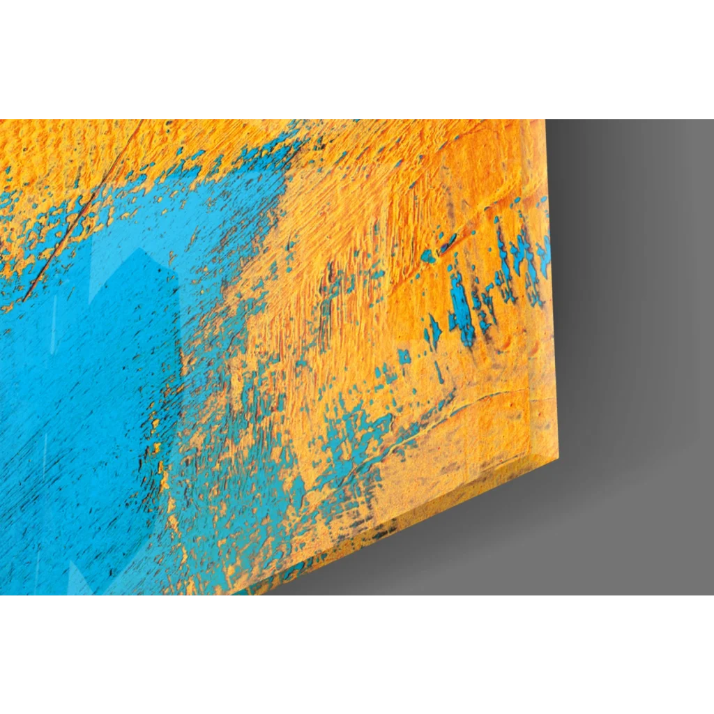 Vibrant abstract orange blue strokes on stunning golden Buddha wall art