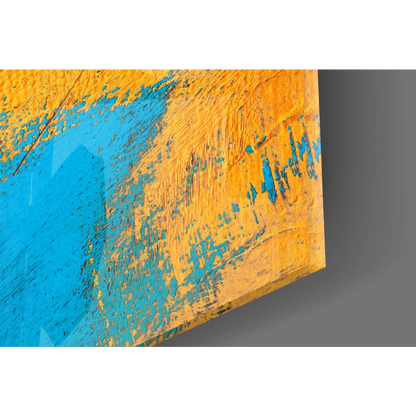 Vibrant abstract orange blue strokes on stunning golden Buddha wall art
