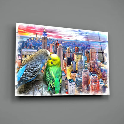 Vibrant budgerigars on glass wall art canvas with sunset city skyline