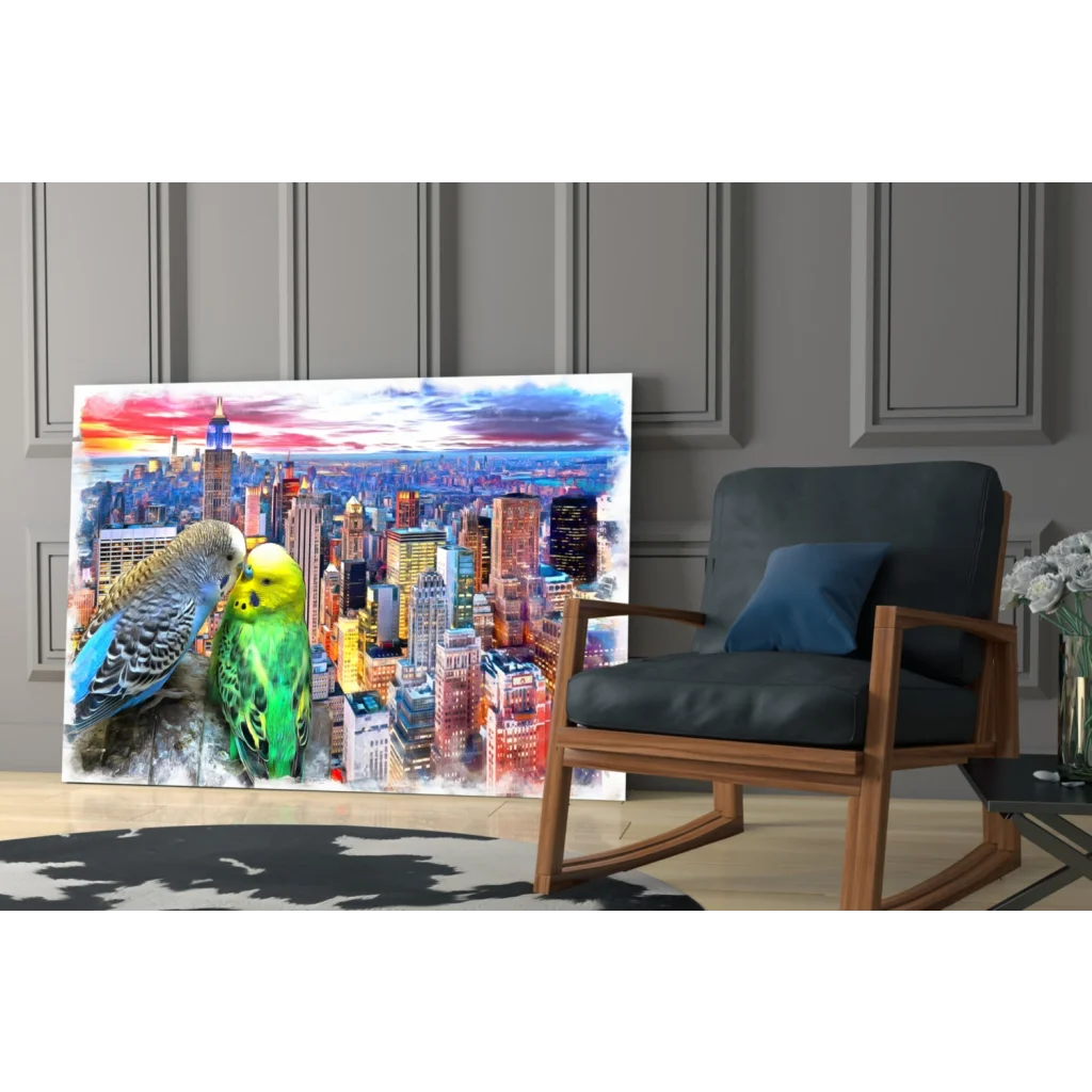 Vibrant parakeets on glass wall art canvas with sunset cityscape