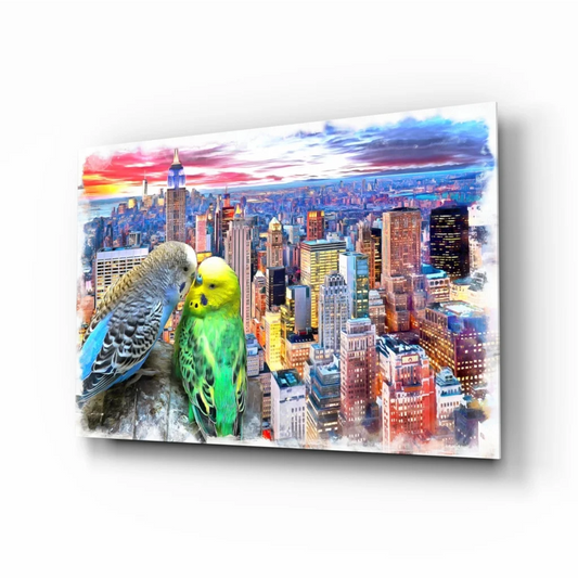 Vibrant parakeet sunset city glass wall art canvas print