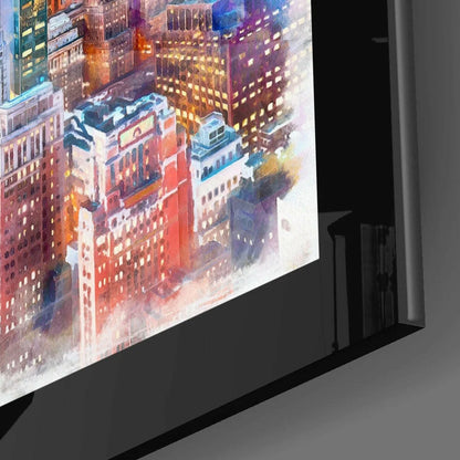 Vibrant watercolor cityscape glass wall art with colorful skyscrapers