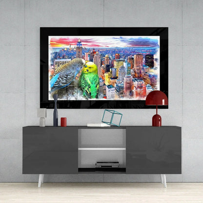 Vibrant parakeet cityscape glass wall art with colorful skyscrapers