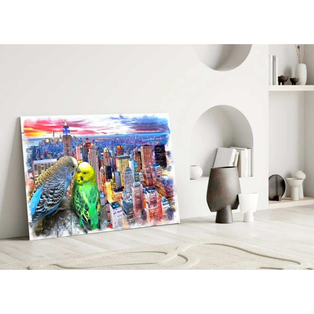 Vibrant parakeet sunset city glass wall art canvas print
