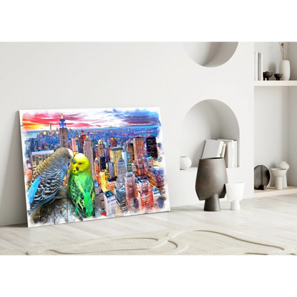 Vibrant parakeet sunset city glass wall art canvas print