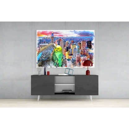 Vibrant parakeet sunset city glass wall art canvas print