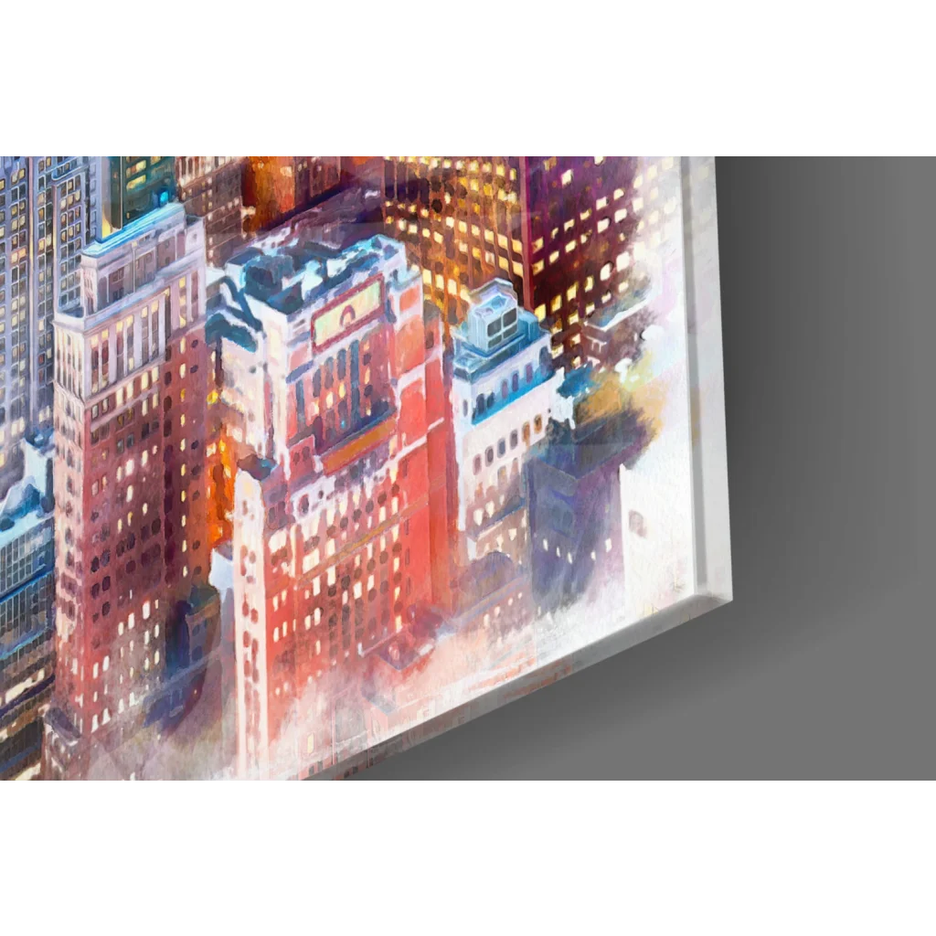 Vibrant watercolor Parakeet Sunset City glass wall art with illuminated skyscrapers