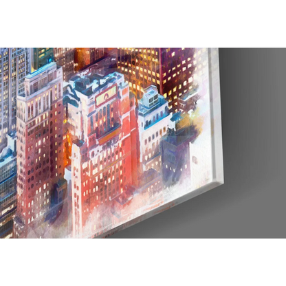 Vibrant watercolor Parakeet Sunset City glass wall art with illuminated skyscrapers