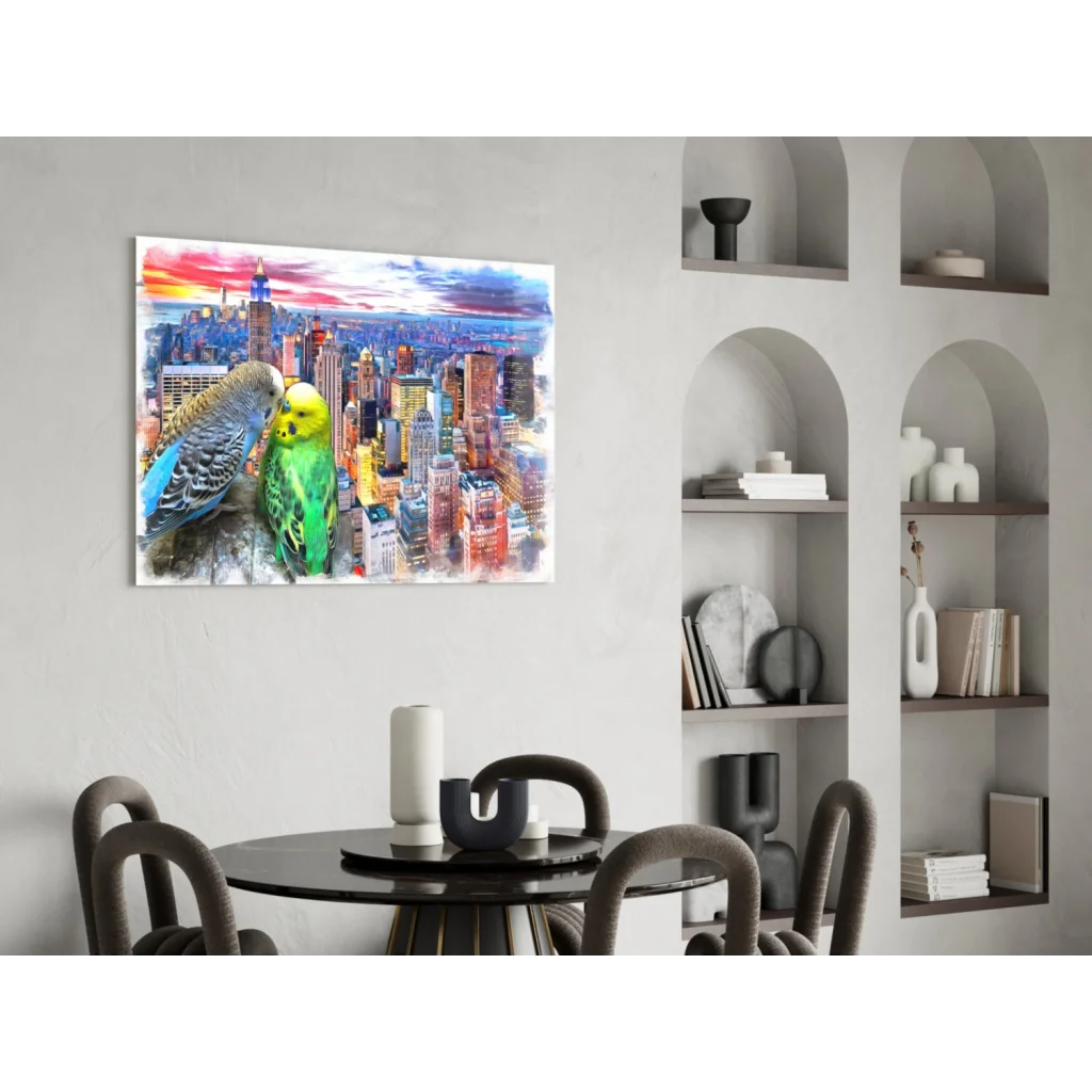 Vibrant parakeet sunset city glass wall art canvas print