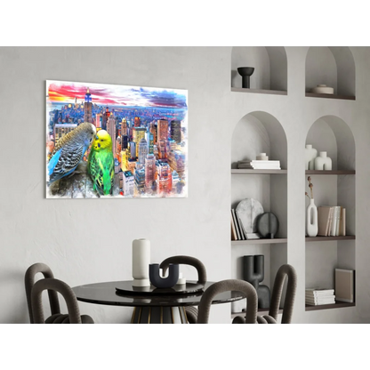 Vibrant parakeet sunset city glass wall art canvas print