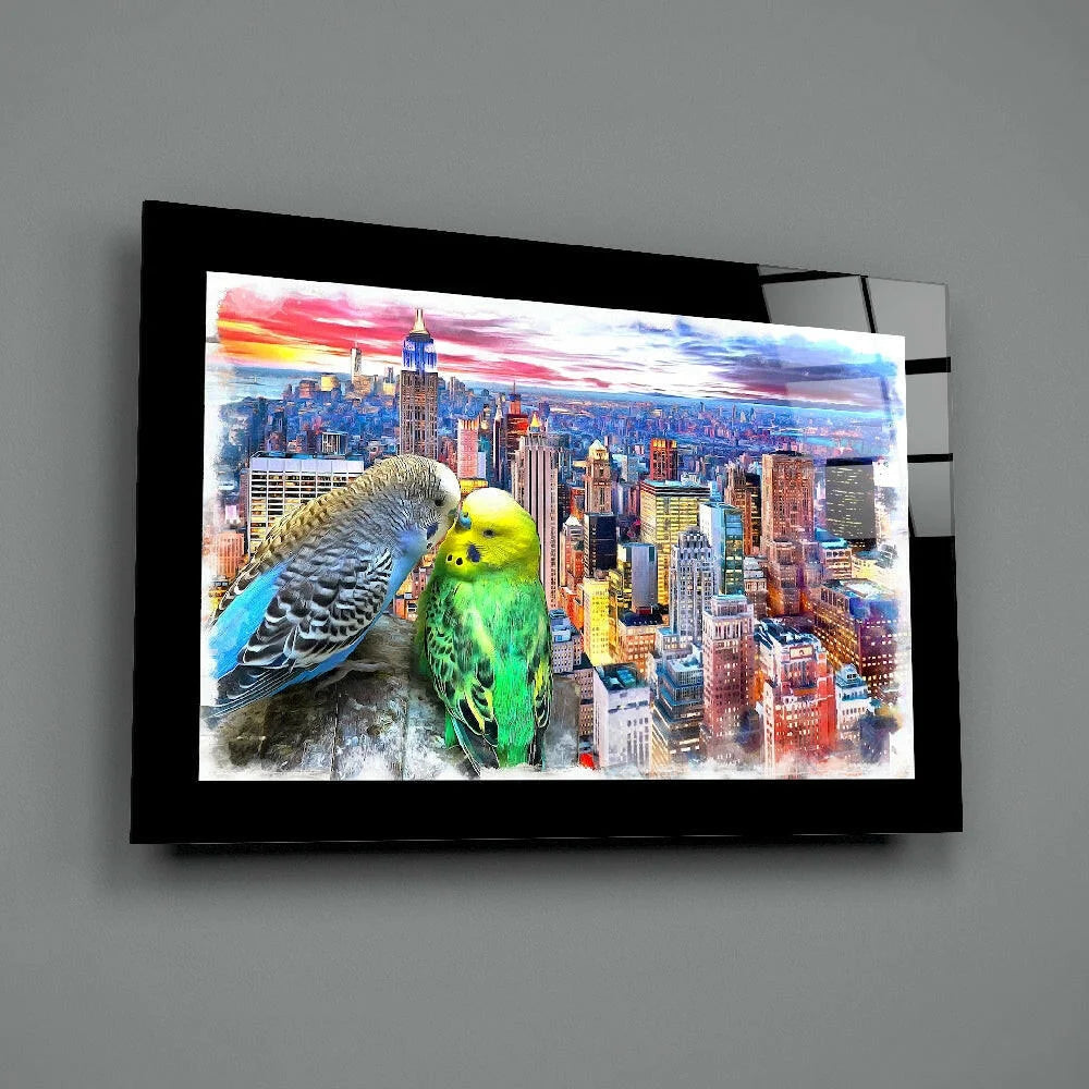Vibrant glass wall art of parakeets on colorful cityscape