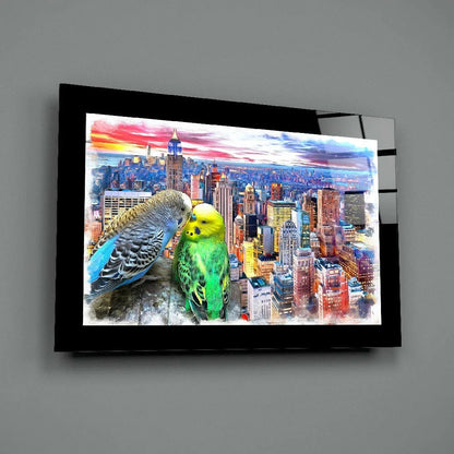 Vibrant glass wall art of parakeets on colorful cityscape