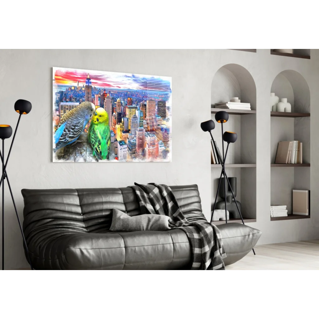 Vibrant parakeets on glass wall art canvas with sunset cityscape