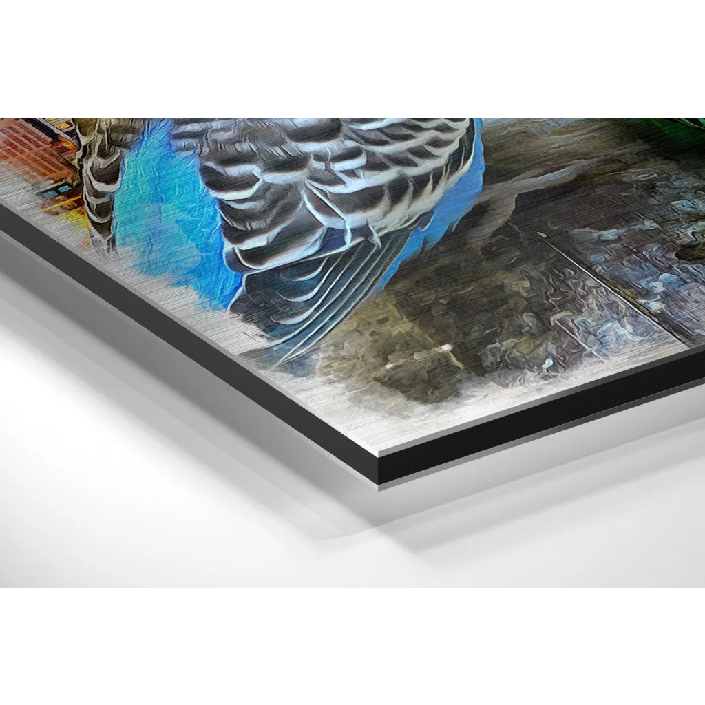 Glass Wall Art Vibrant black white striped bird painting on brushed aluminium dibond print
